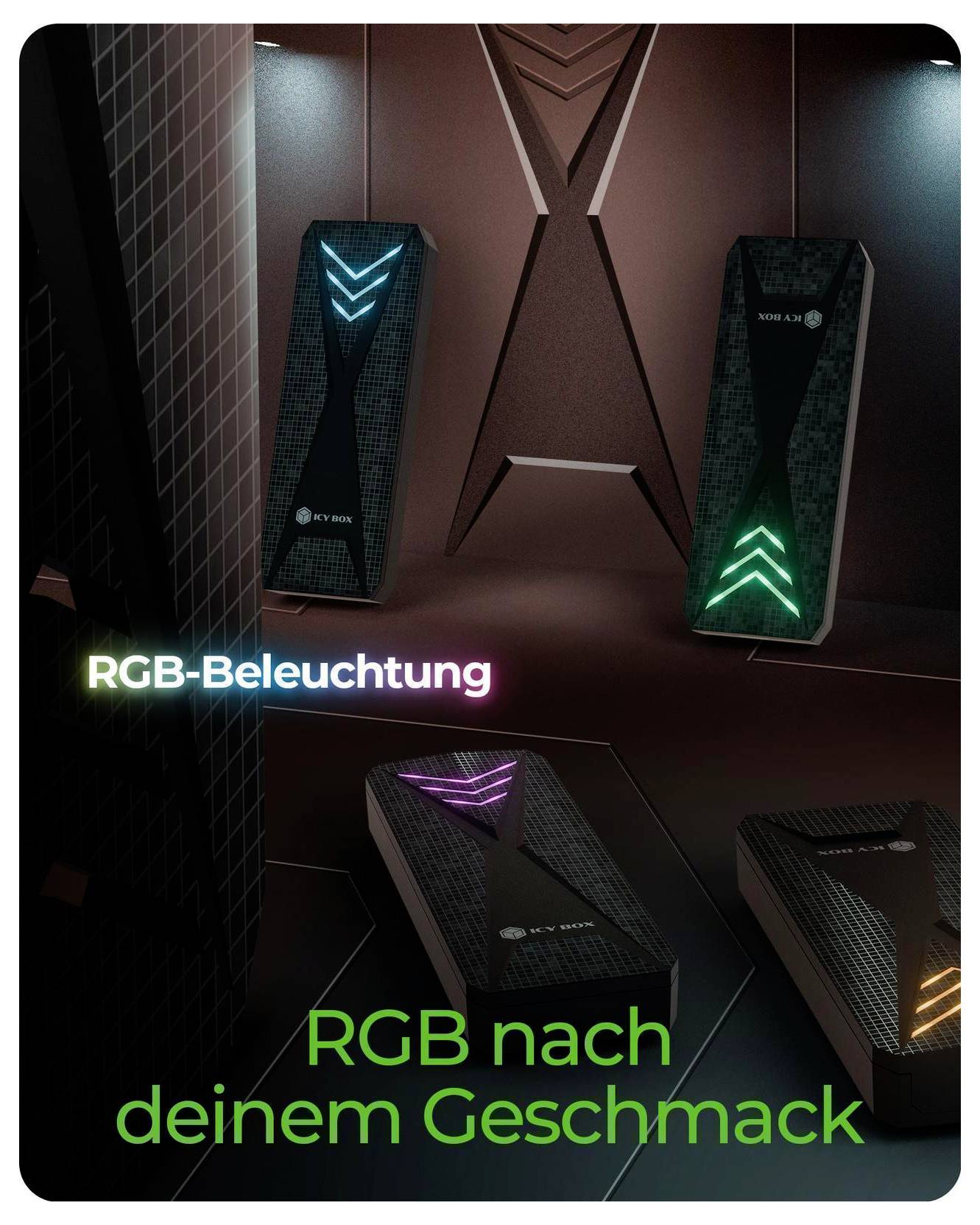 Promobild som visar fyra spelhål för datorer med anpassningsbar RGB-belysning och texten "RGB-belysning" och "RGB enligt din smak".
