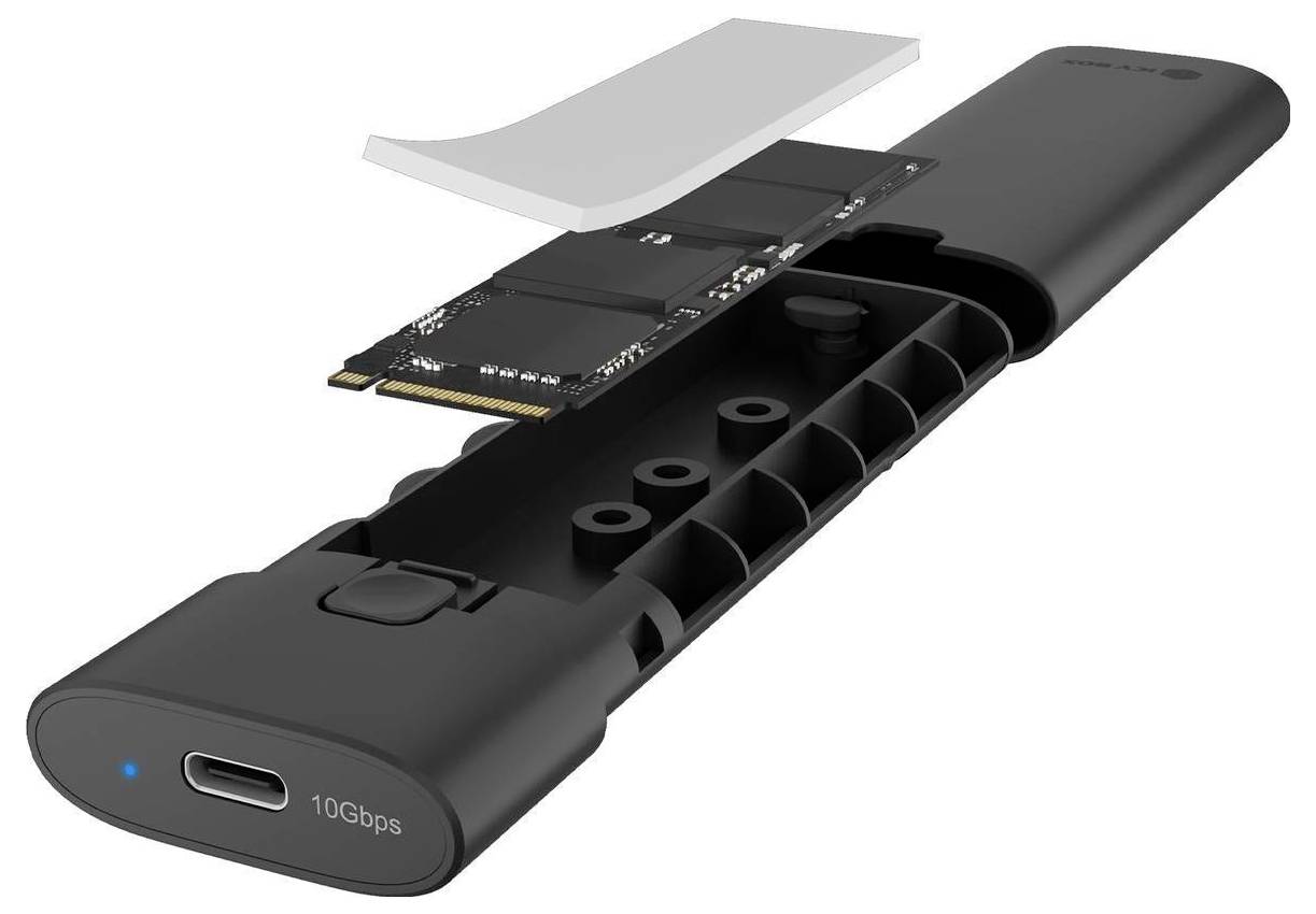 Sprängskiss på ett USB-C-bärbart SSD-hölje med det interna SSD-kortet och värmepacningen visade ovanför det svarta höljet.
