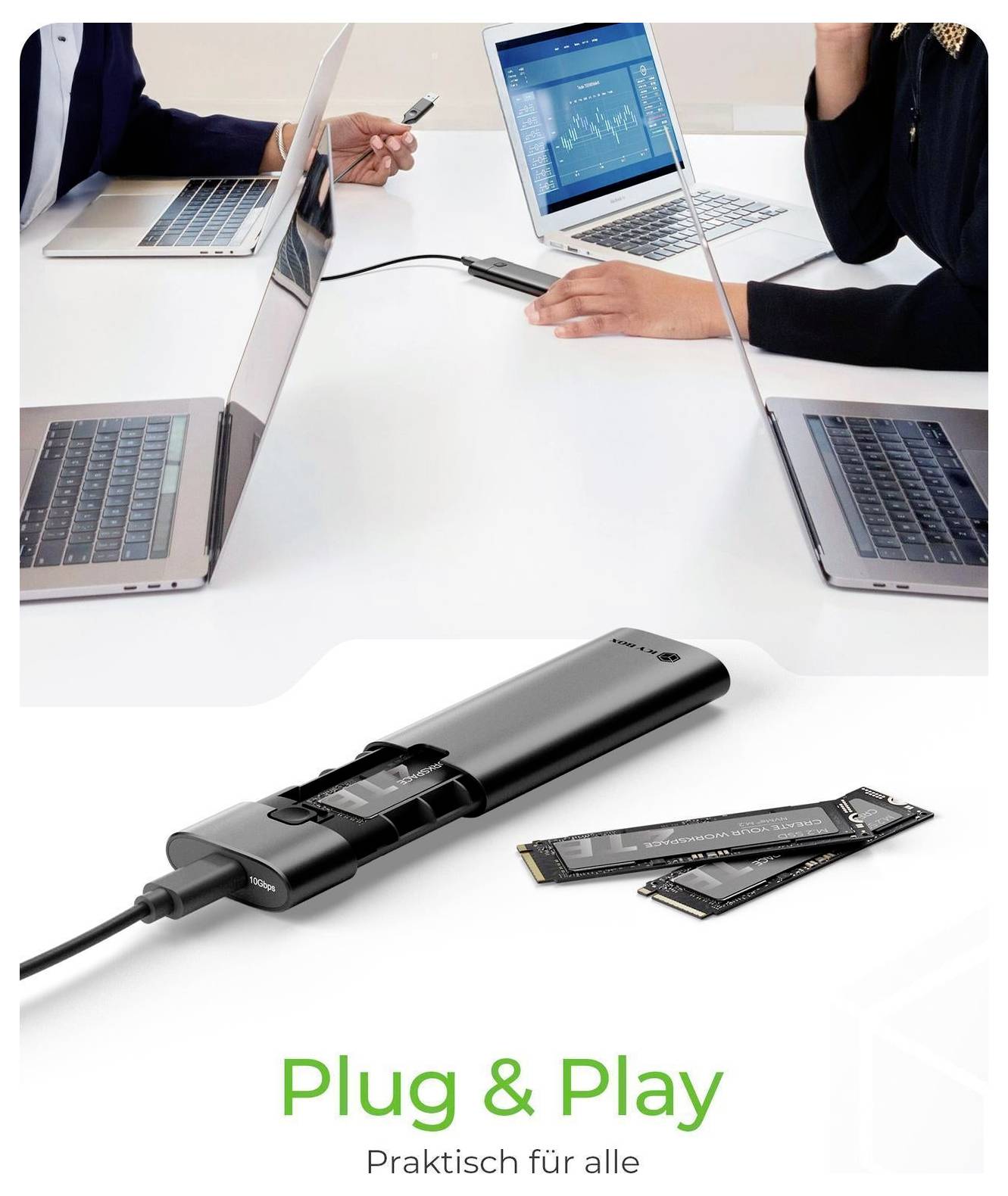 USB-C-dockningsstation med flera bärbara datorer anslutna, visas som en plug-and-play-enhet för delad arbetsplatsanvändning.