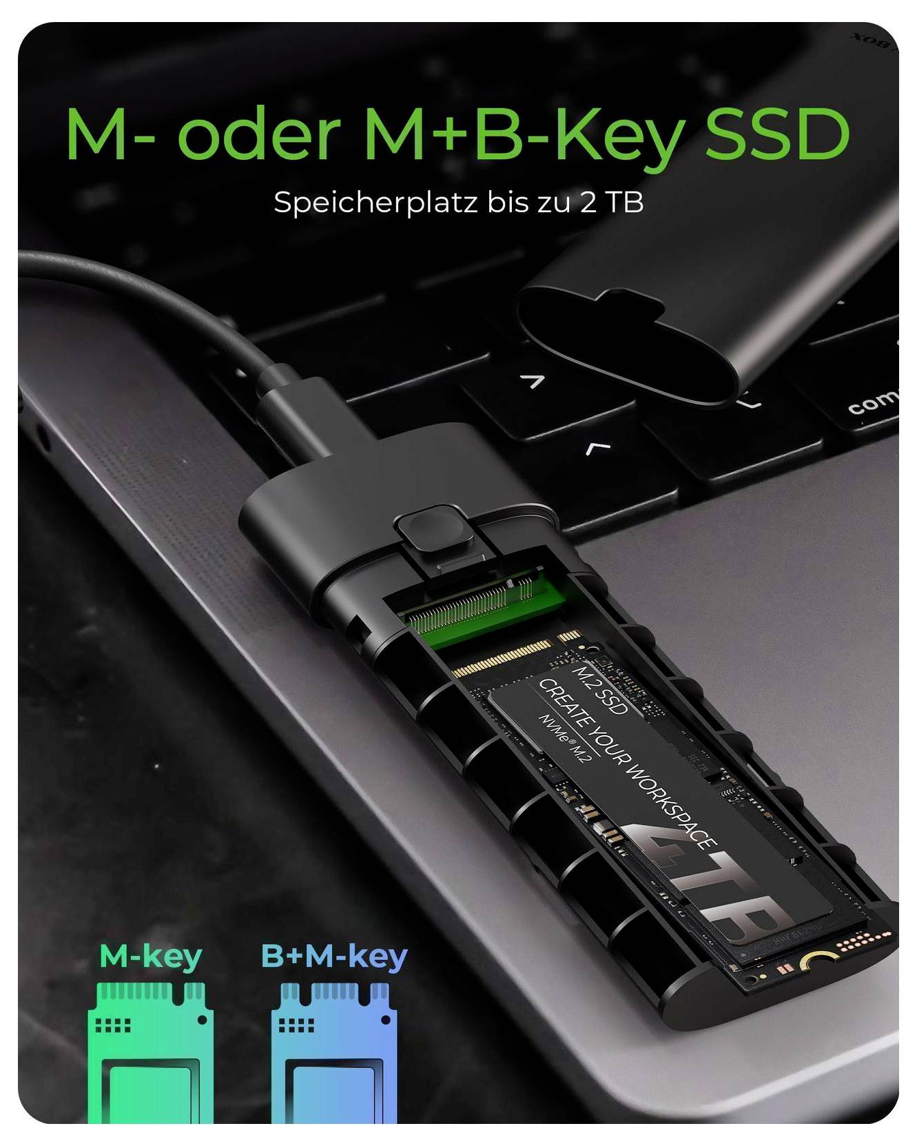 Diagram över en M.2 SSD som visar M-key och B+M-key-typer, med tysk text "M- eller M+B-Key SSD" och "Lagringsutrymme upp till 2 TB".