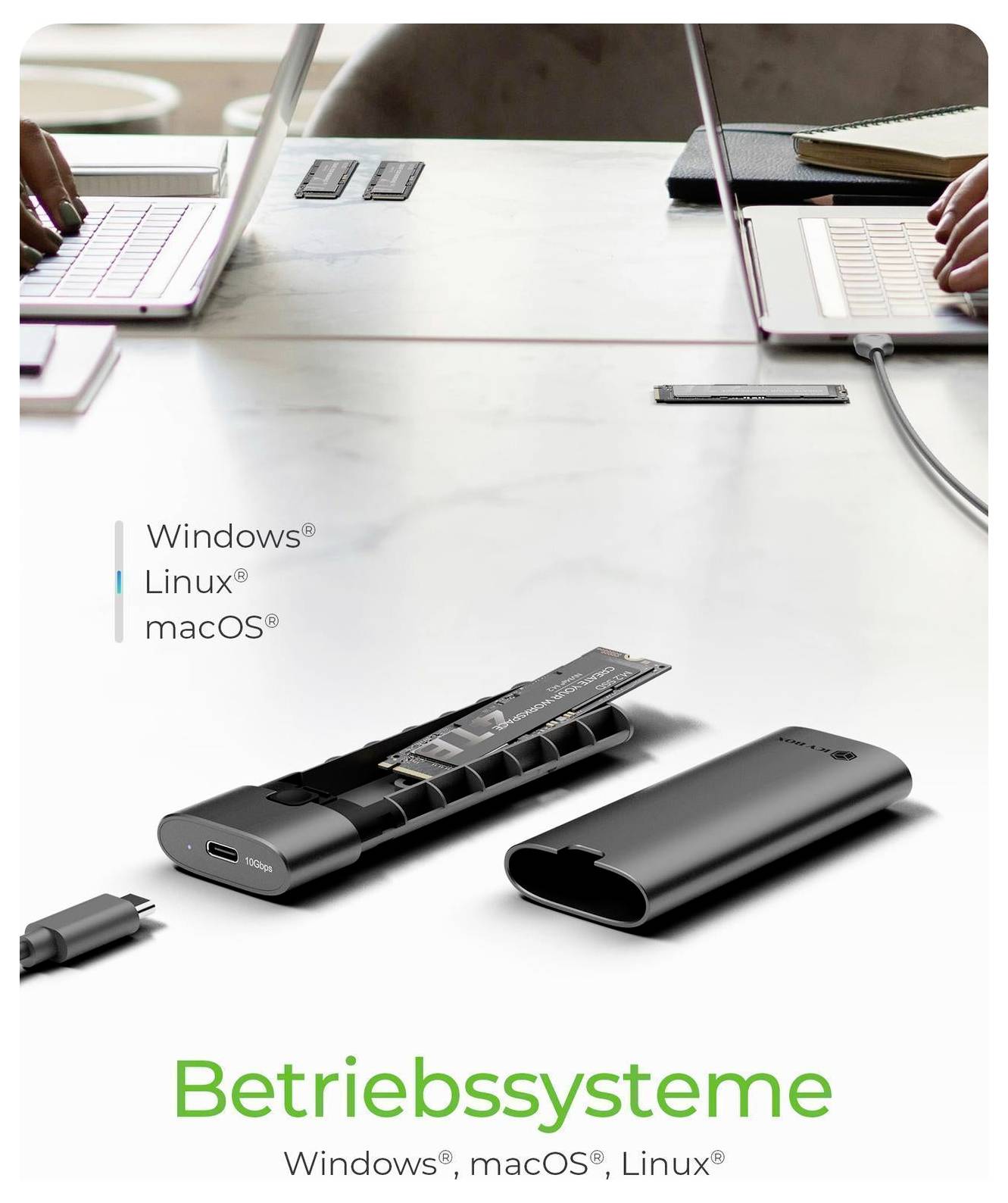 Produktbild av en USB-C-adapter med avtagbar skydd, märkt kompatibel med Windows, macOS och Linux.