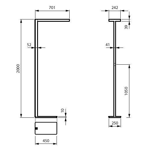 Teknisk ritning av en L-formad metallram med märkta dimensioner: 2000 mm höjd, 701 mm toppspann, 450 mm bas, och sidvysmätningar inklusive 242, 250, 1050, 41, 39 och 52 mm.