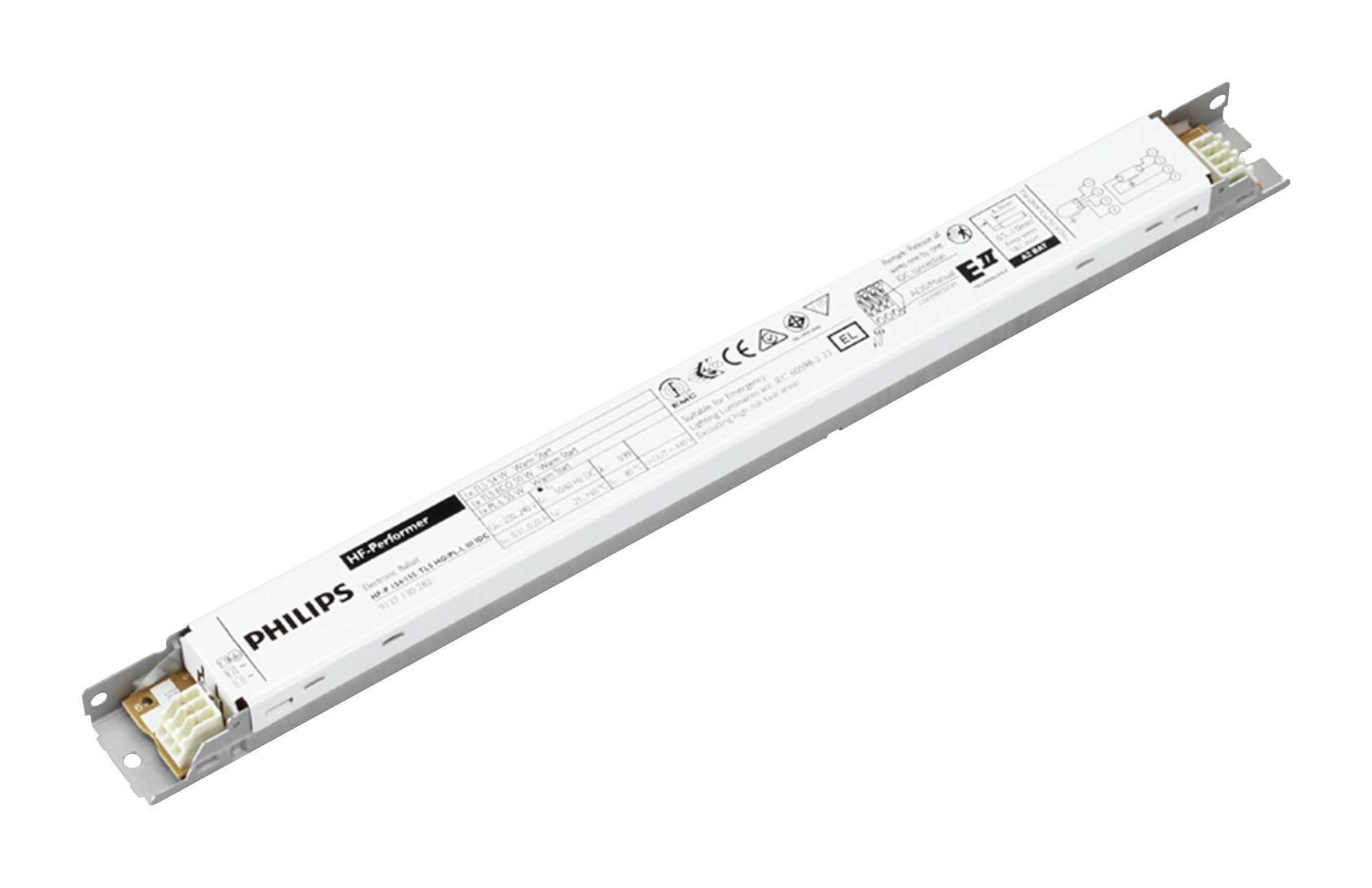 Vit Philips elektronisk ballastmodul visad diagonalt på en enkel vit bakgrund, med metallmonteringsändar och tryckta specifikationsetiketter.