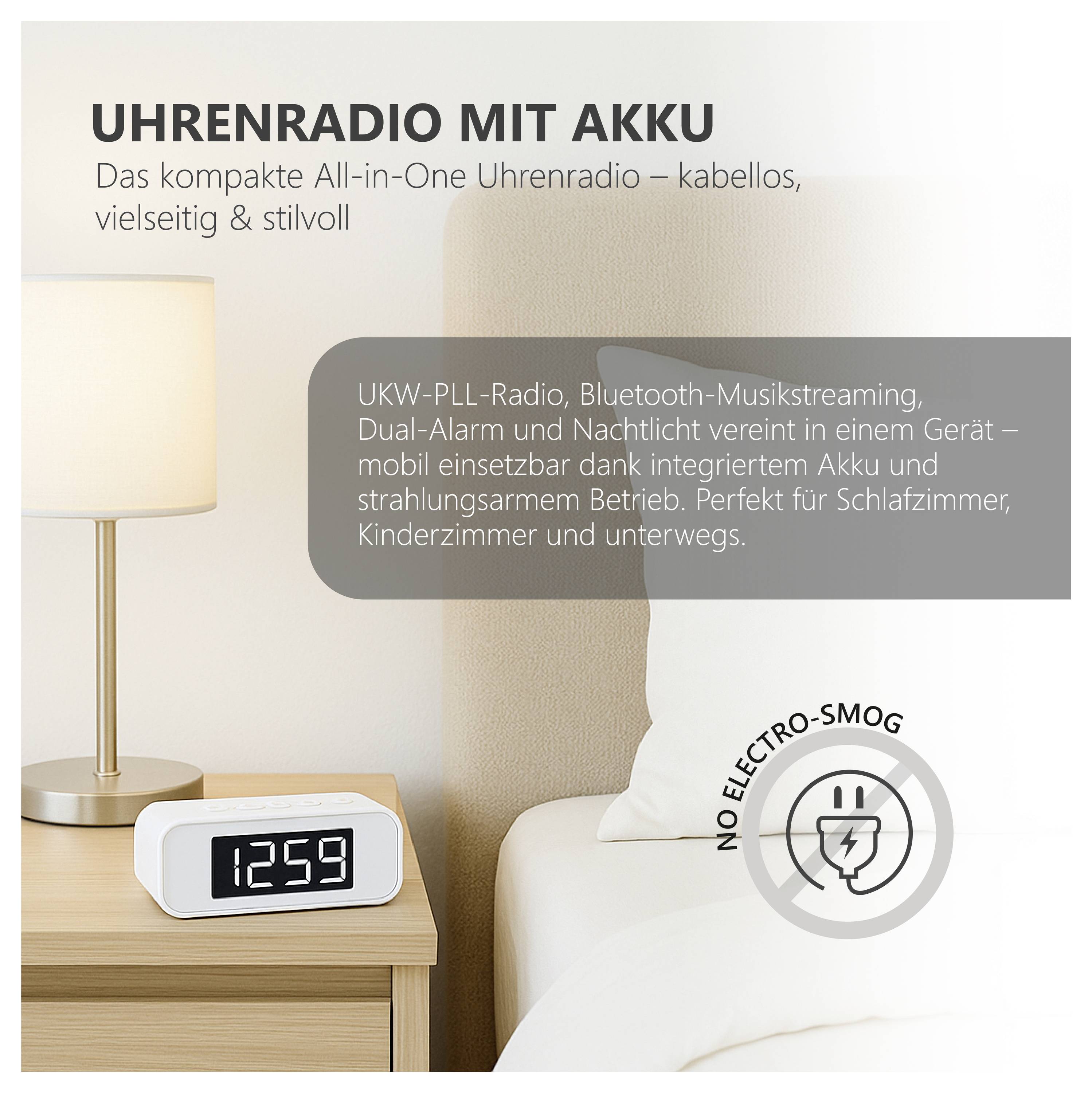 Annonsering för en trådlös klockradio med batteri på ett nattduksörd bredvid en säng; texten nämner FM-PLL-radio, Bluetooth, dubbel alarm, nattljus och "INGEN ELEKTROSMOG".