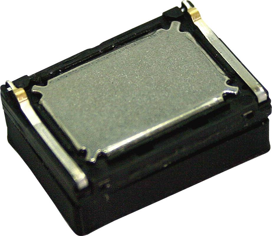 Närbild av en liten svart elektronisk komponent med en silverfärgad metalltop och guldkontakter, troligen en ytkretskort-sensor eller chip.