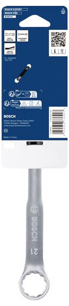 Bosch handverktygspaket med en 21 mm ringnyckkel; blå-vit hängkort med produktdetaljer, QR-kod och streckkod.