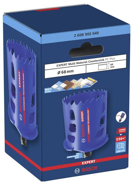 Bosch Expert Multi Material motsenk-borrbit PC Plus-paket, storlek 68 mm, visas på en blå låda med produktbild och varumärkeslogga.