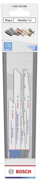 Bosch-sortimentet med 10 skär för fram- och återgående såg i olika typer, presenterat i klar förpackning med bilder på skären och produktmärkning.