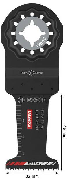 Bosch Expert Starlock oscillerande sågsblad, 45 mm långt och 32 mm brett, märkt 'Trä' för trädurskärning.