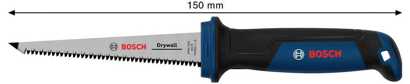 Bosch gipsplåtssåg med 150 mm blad och spetsig spets, visad i sidvy på vit bakgrund.