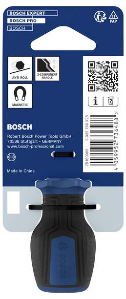 Boschs handfilverktyg på detaljhandelförpackning, som visar anti-rullning, 2-komponents handtag och magnetiska egenskaper, med QR-kod och streckkod.