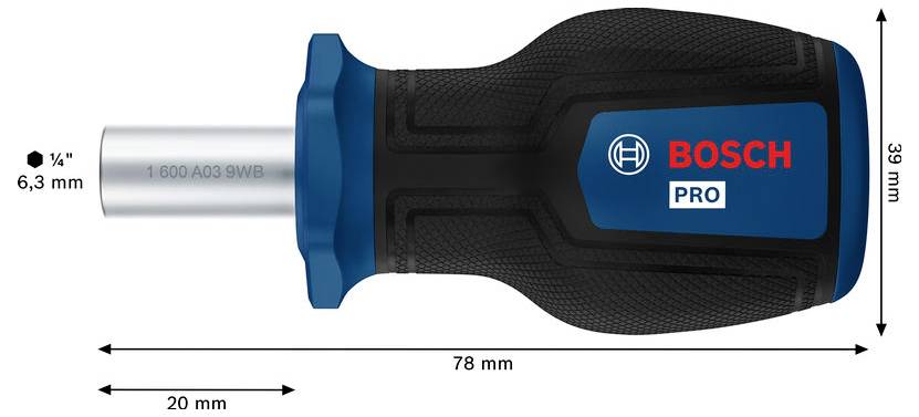BOSCH PRO skruvdragare med fäst metallskaft, visad i sidvy med måtten märkta 78 mm längd, 39 mm höjd, 20 mm skaft och 1/4 tum (6,3 mm) spets.