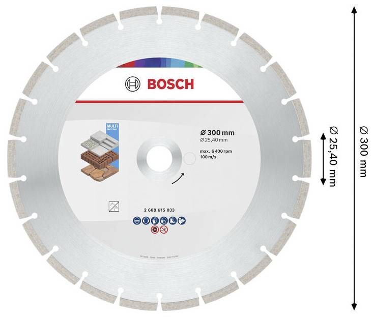 Bosch 300 mm segmenterad diamantsågblad för skärning av flera material, märkt med 25,40 mm borrhål och max 6 400 rpm.
