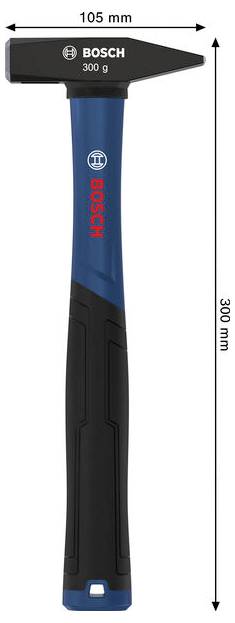 Bosch 300 g hammare visad med dimensioner: 105 mm huvudbredd och 300 mm längd.