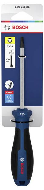 Bosch TX25 skruvdragarbithållare och precision skruvdragarsats på blå-vit förpackning, som visar TX25 Torx-spetsen och 100 mm skaft.
