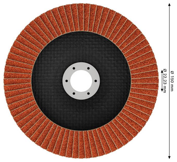 Cirkulärt sliphjul av flappskiva med orange segmenterad ytteryta och central monteringsnav, märkt med 150 mm diameter och 22,23 mm borrhål.
