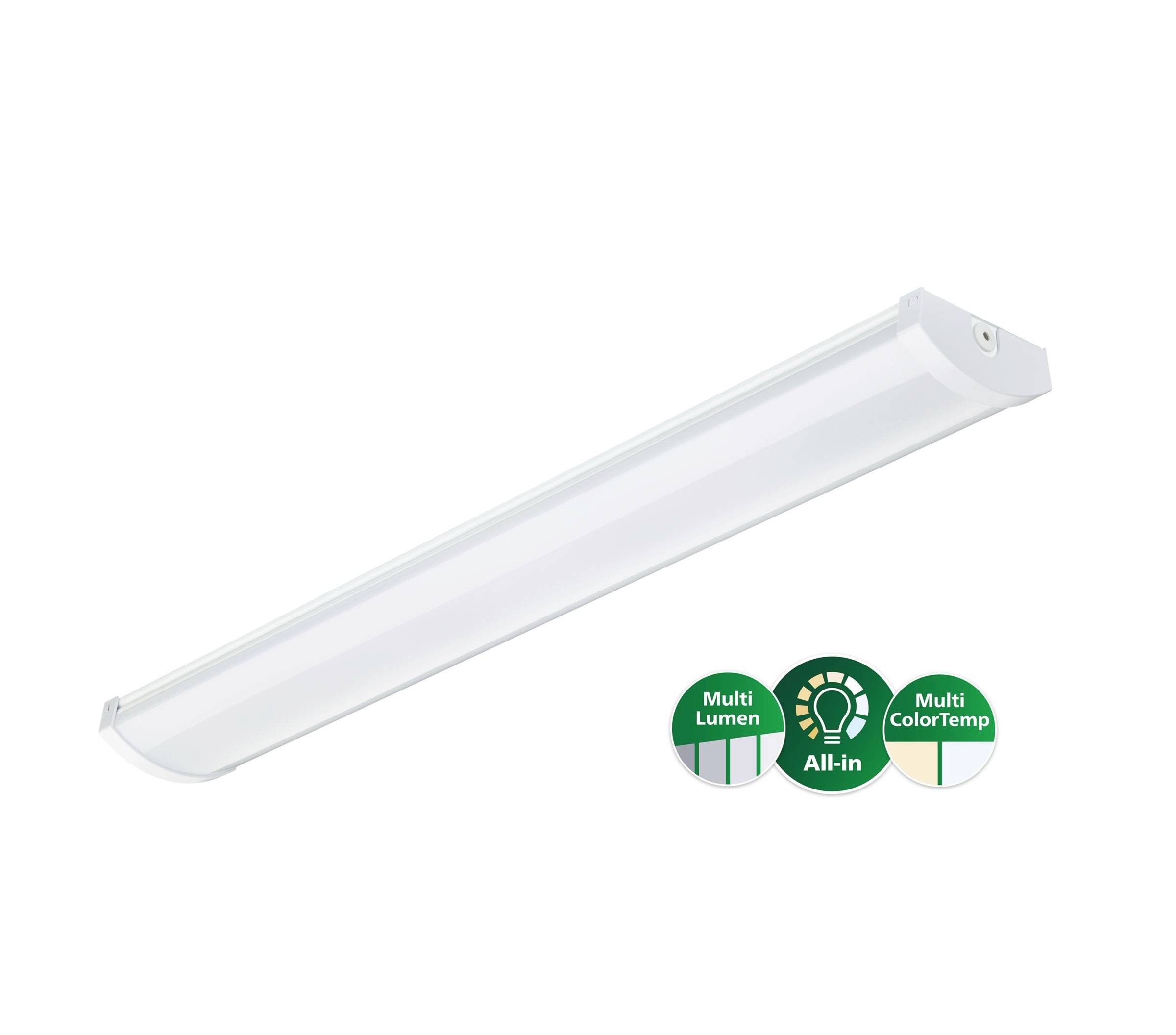Vit LED-remsa lysarmatur med "Multi Lumen" och "Multi ColorTemp" all-in-one kapacitetsikoner därneder.