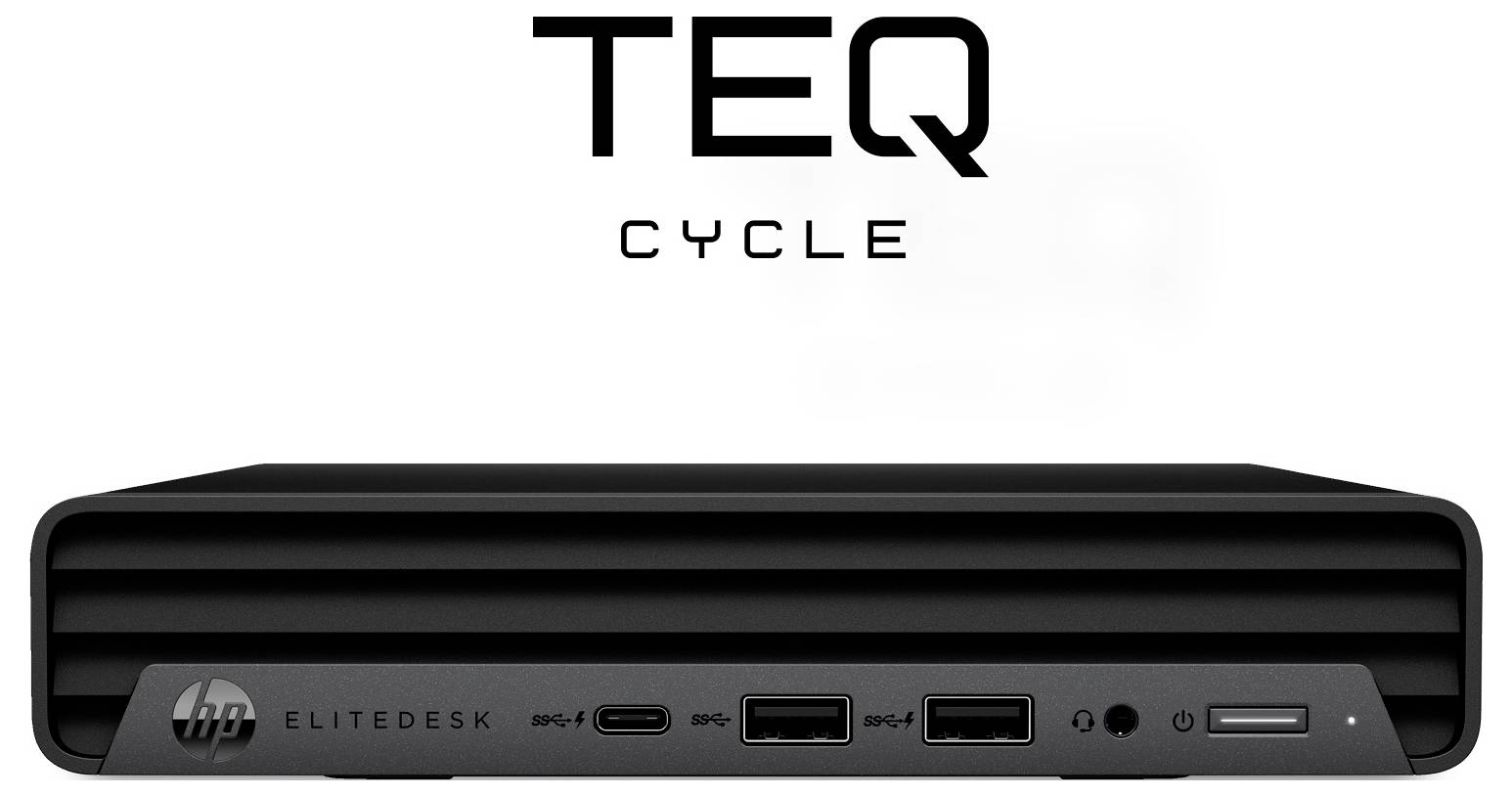 TEQ Cycle-logotyp ovanför en frontvy av en liten HP EliteDesk mini-stationär dator med portar och strömknapp synliga på frontpanelen.