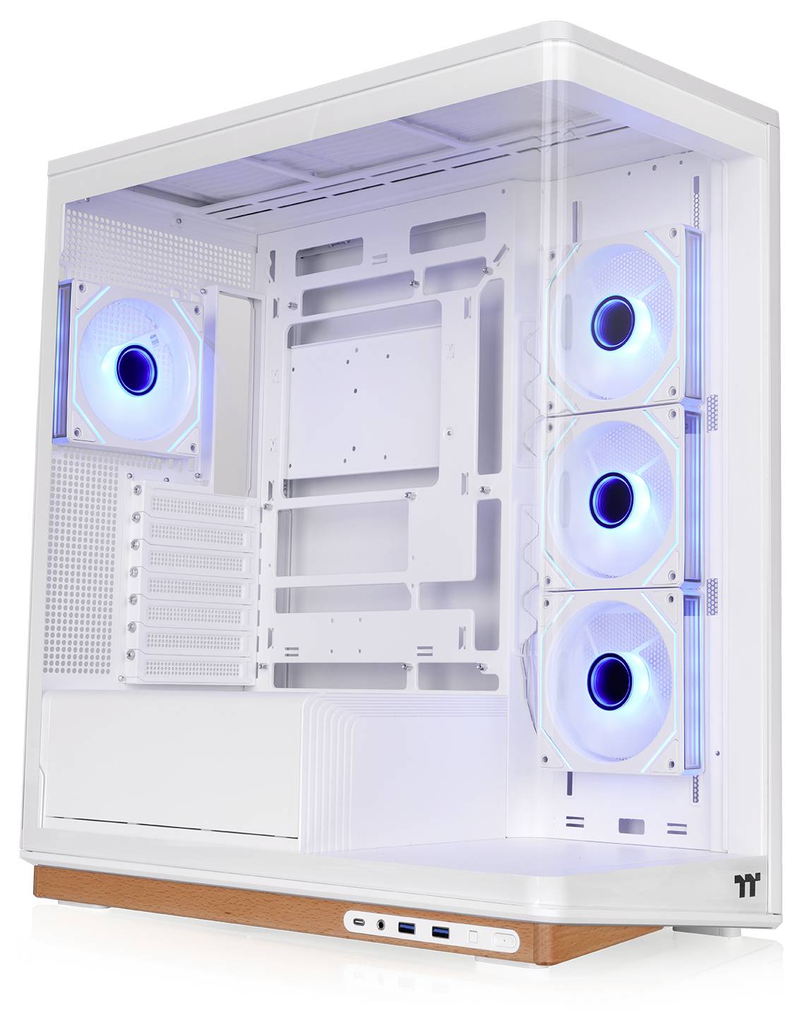 Vit skrivbords-PC-towerchassi med transparent sidopanel, tre blåbelysta framfläktar, en bakfläkt och sockel med träutseende.