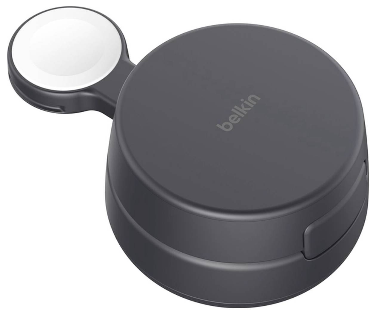 Belkin svart rund trådlös laddare med fästad silvergrå laddningsplatta