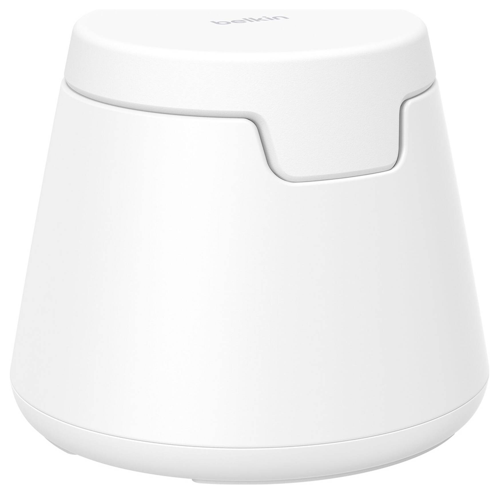 Vit rundad smart home-enhet med en liten främre lucka, visas isolerad på en enfärgad bakgrund.
