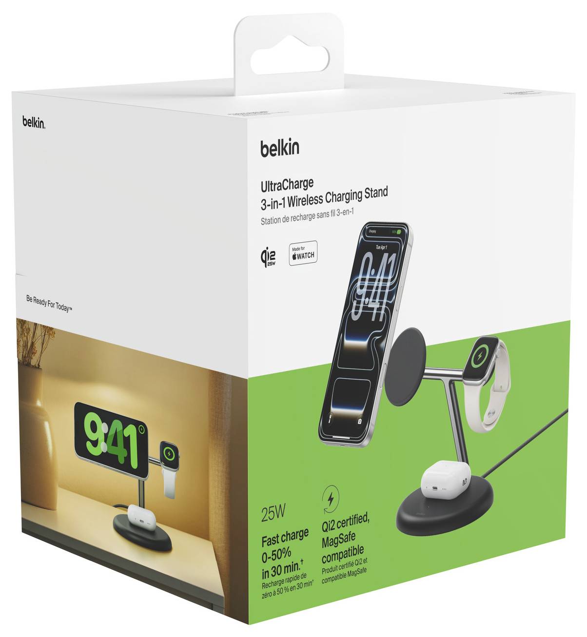 Belkin UltraCharge 3-i-1 trådlös laddningsställ i detaljhandelslåda, som visar stöd för iPhone, Apple Watch och AirPods med 25W snabbladdning.