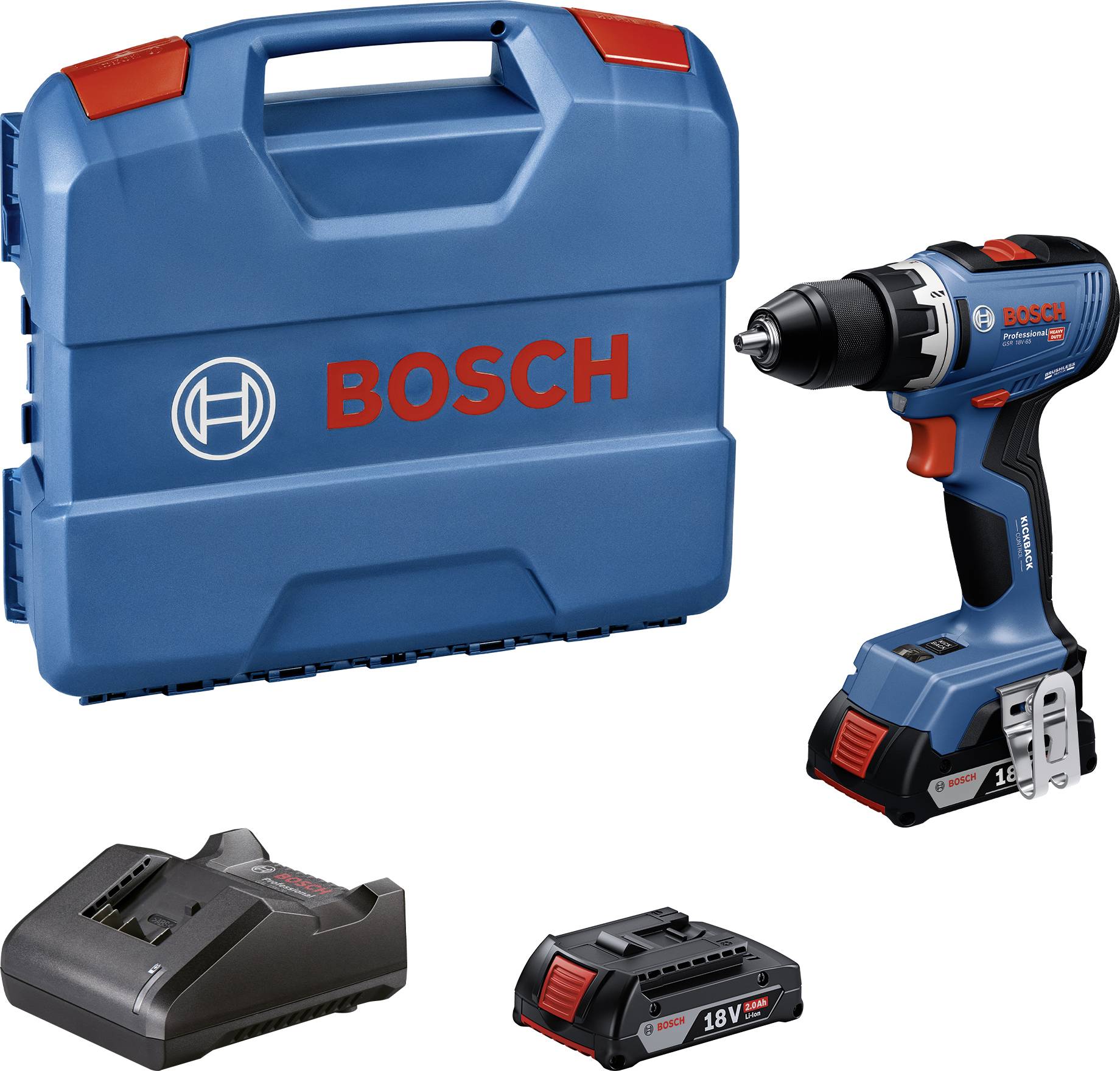 Bosch trådlös borr-set med väska, borr, batteriladdare och 18V batteri på vit bakgrund.