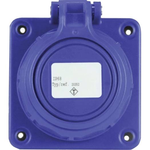 Lila industriell elektrisk kontakt-/uttag med lock med fyra monteringshål och en etikett med texten "IP68" och "Typ/ref. 20352".