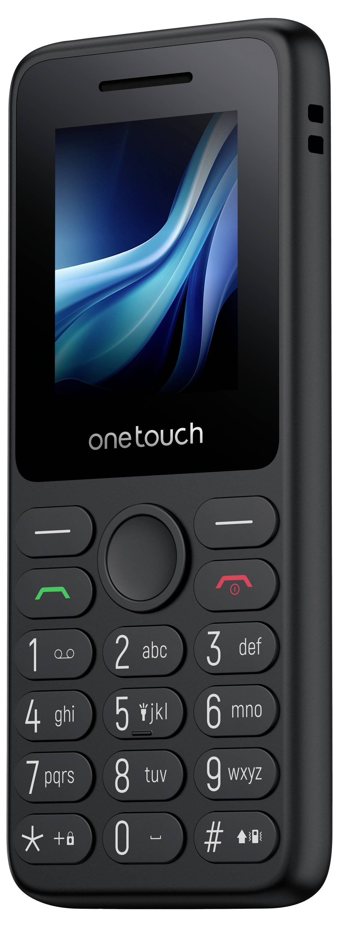 Svart Alcatel OneTouch-funktionstelefon med tänd skärm och fysiskt knappsats, visad framifrån.