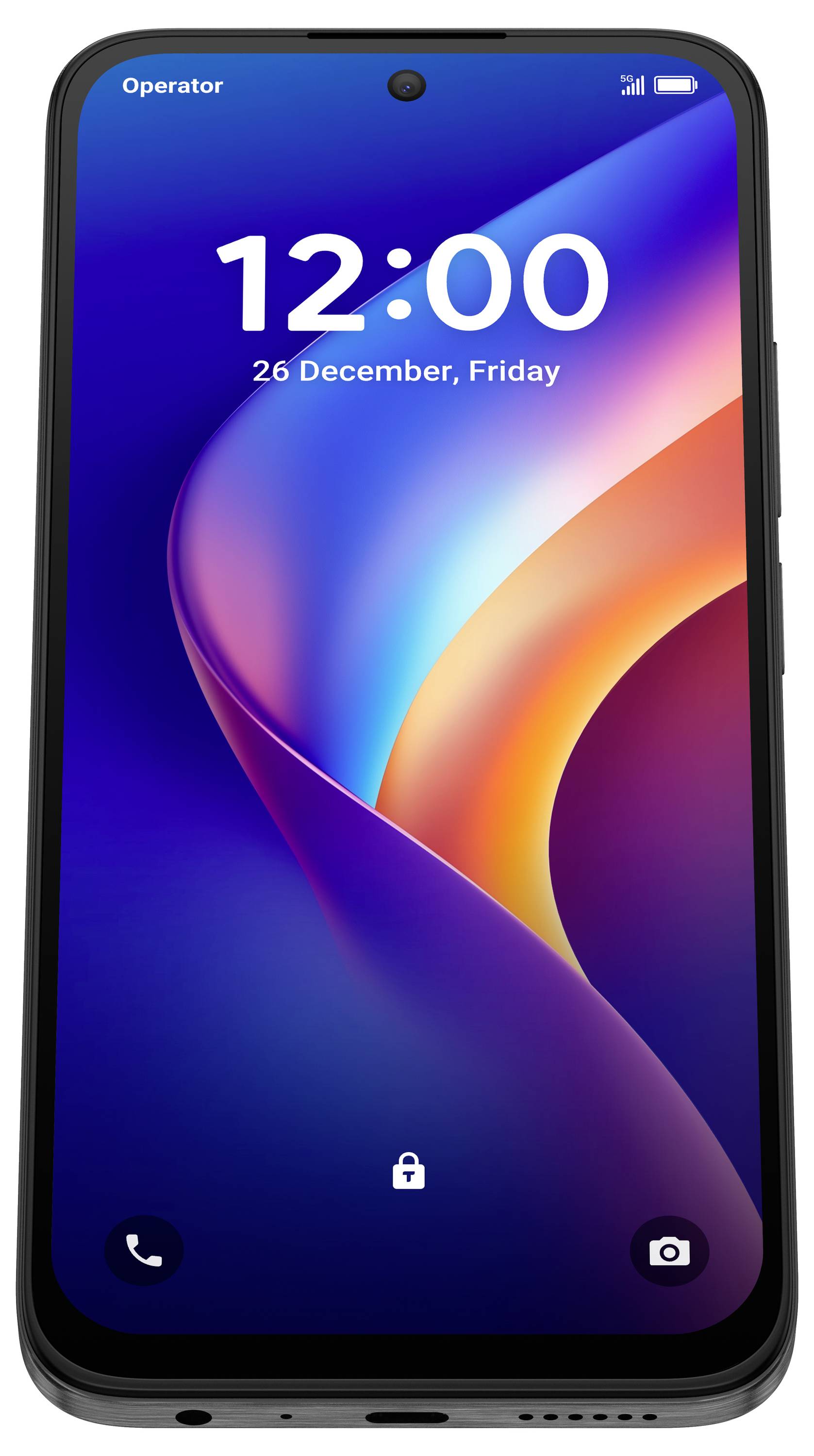 Smartphone-låsskärm visar 12:00 och "26 december, fredag" på en färgglad abstrakt bakgrundsbild, med telefon- och kameraagentknappar längst ned.