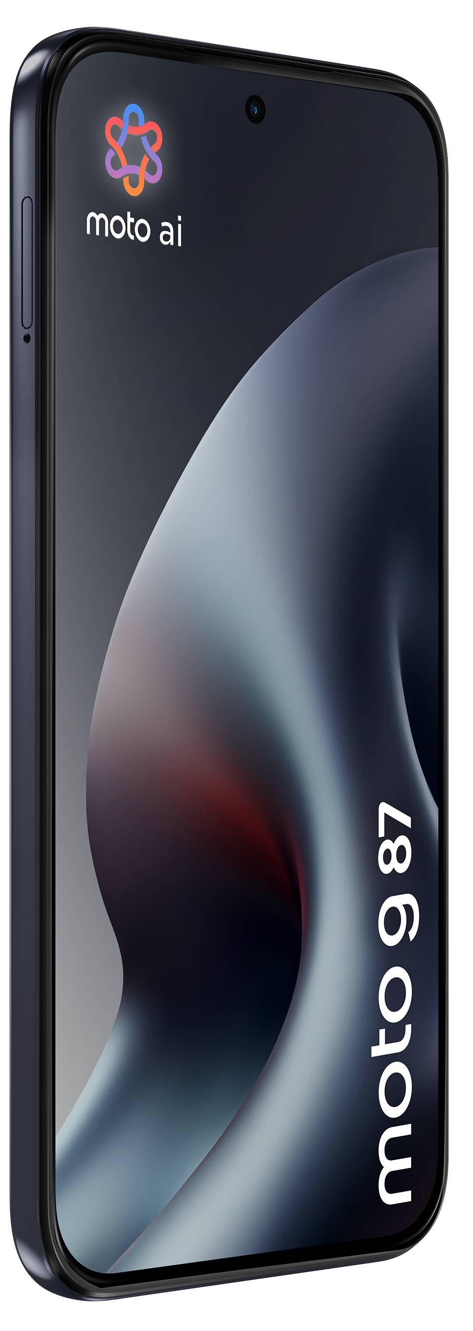 Framvy av en svart Moto AI-smartphone med en glansig abstrakt bakgrund och vertikalt "moto g 9"-varumärke på skärmen.