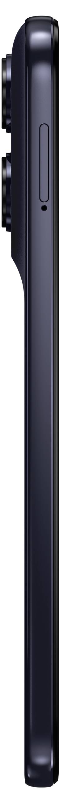 Sidovy av en mörk smartphone som visar dess slanka profil, rundade kanter, en långsida knapp och en SIM-kortfack.