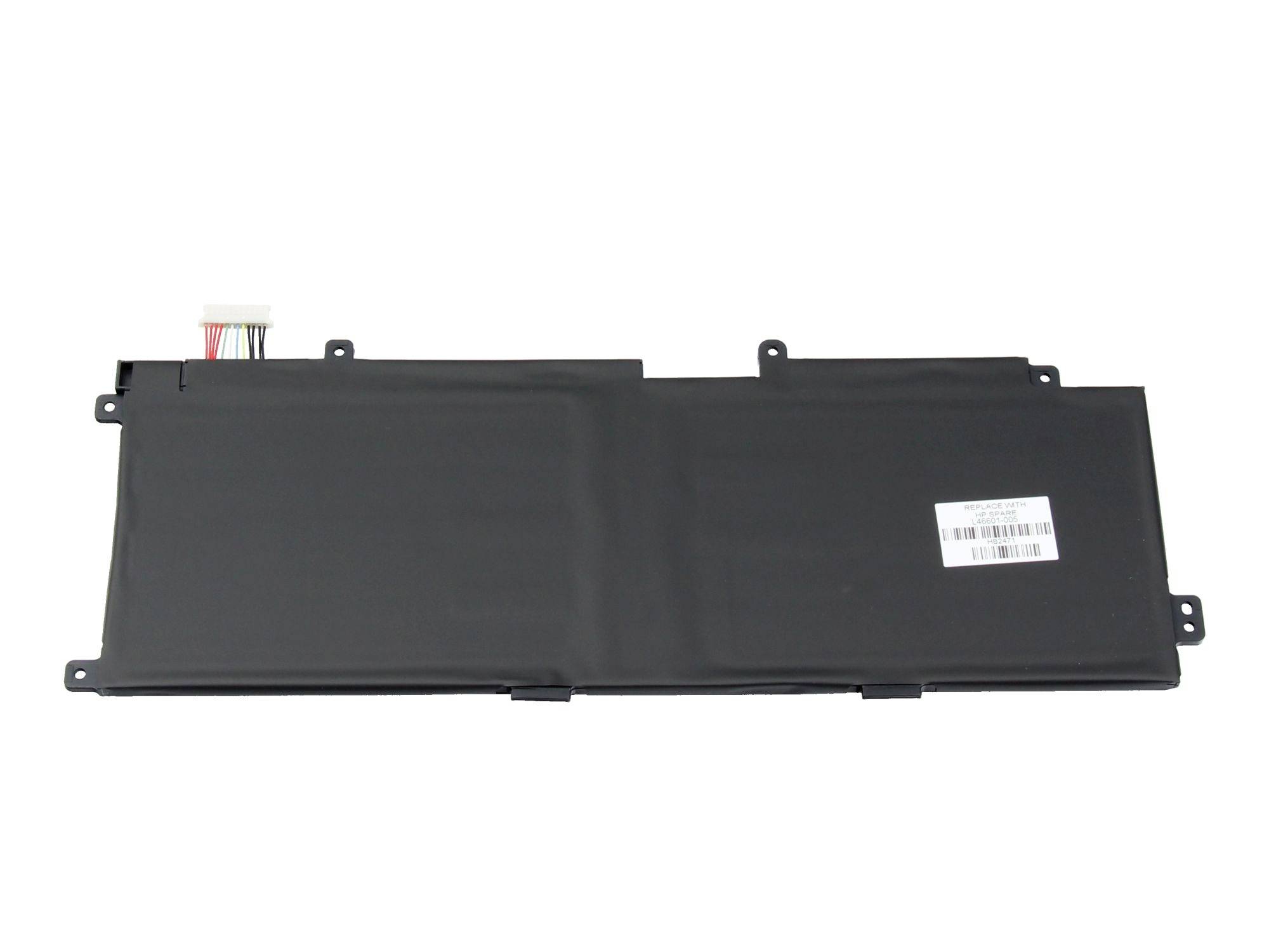 Svart rektangulär laptopbatteriet med anslutningskablar och monteringsflikar, visad på vit bakgrund.