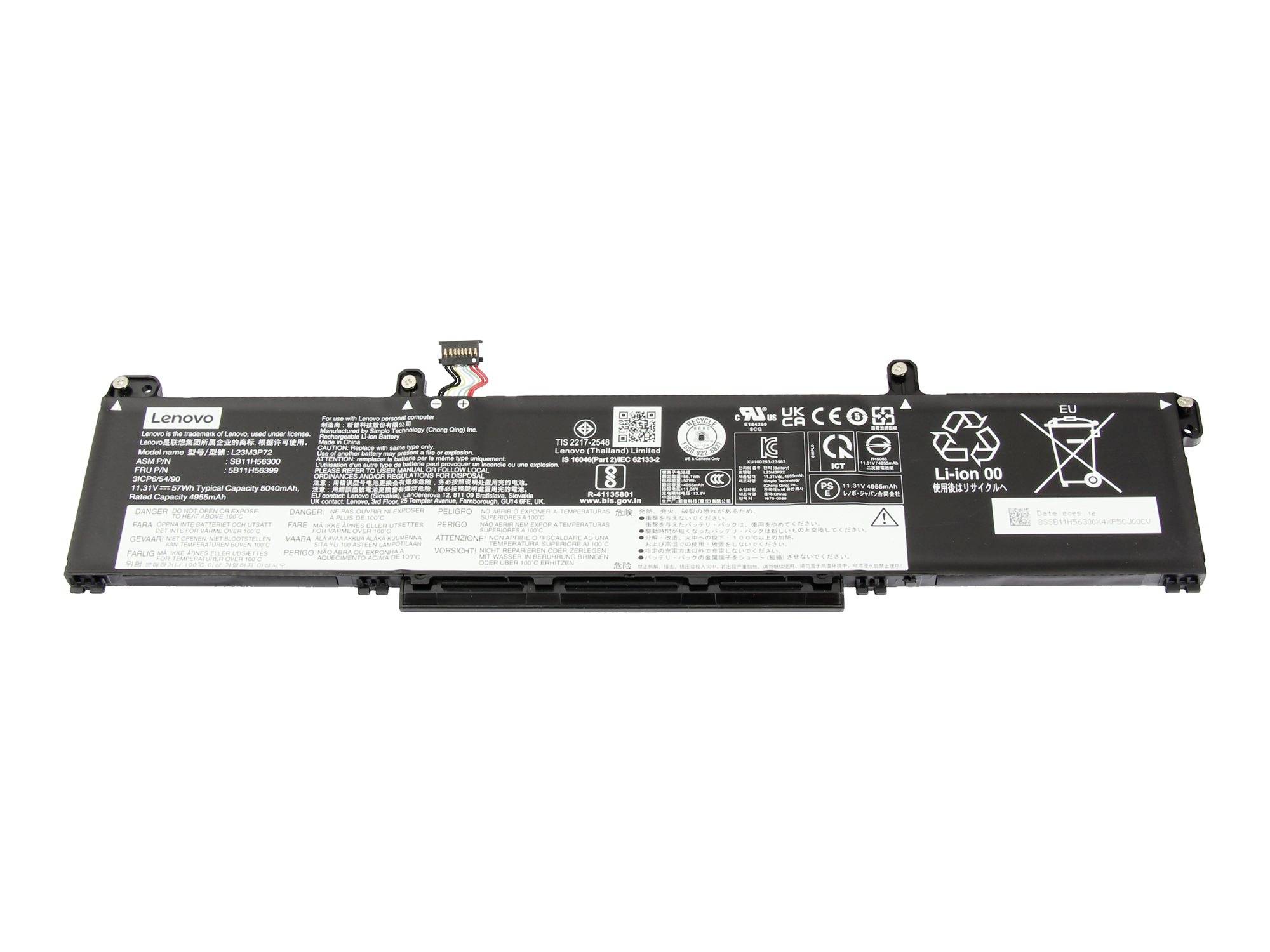 Lenovo-batteripaketet visas från sidan på en vit bakgrund, med etikett och anslutning synlig.