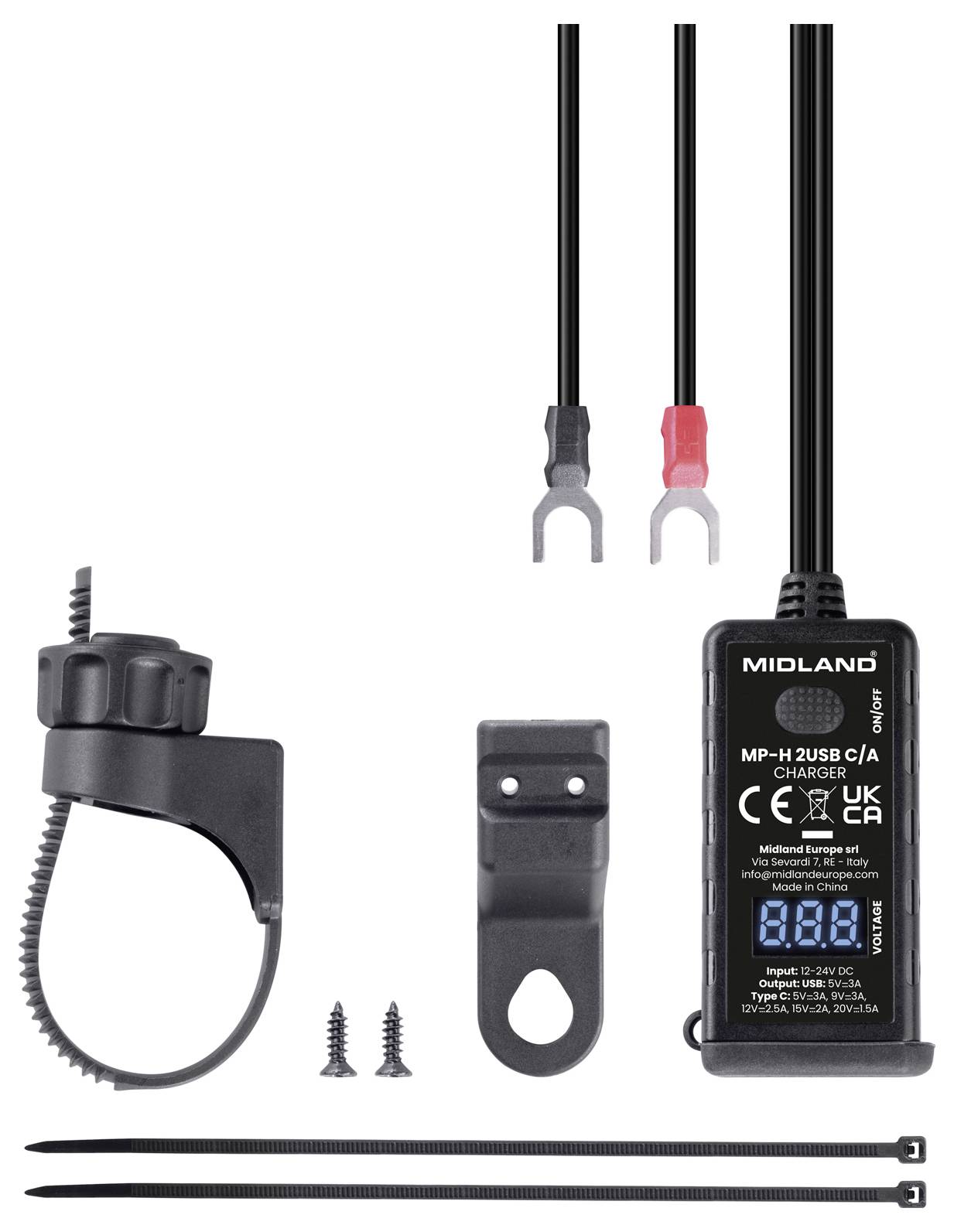 Midland MH-H2 USB C/A laddningskit med strömkabel, batterikläm, monteringsfäste, skruvar och kabelbindare, visad som medföljande tillbehör.