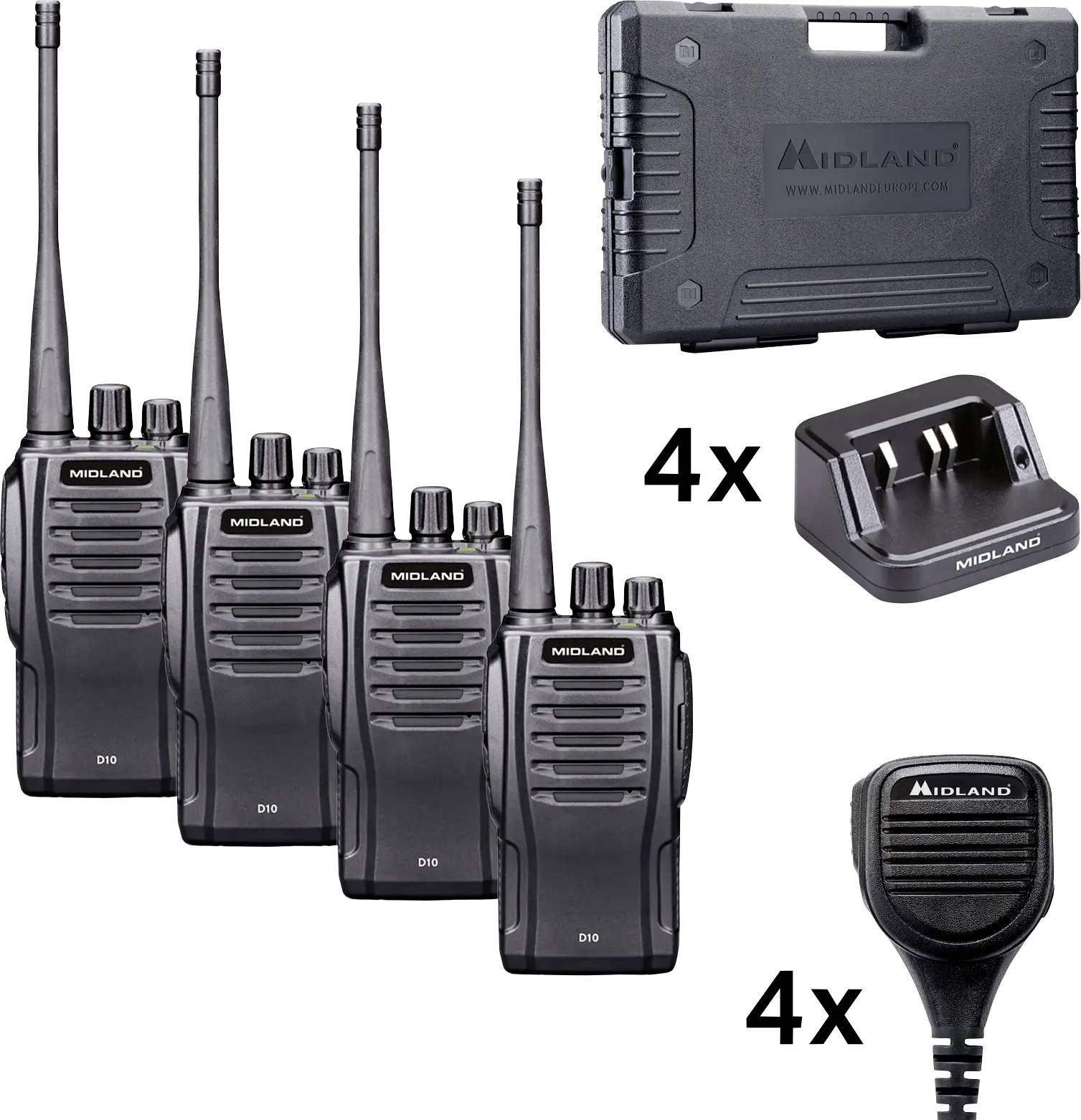 Set med fyra Midland D10 walkie-talkies med antenner, plus fyra laddningsdockor, ett bärbara väska och fyra högtalararmikrofoner.