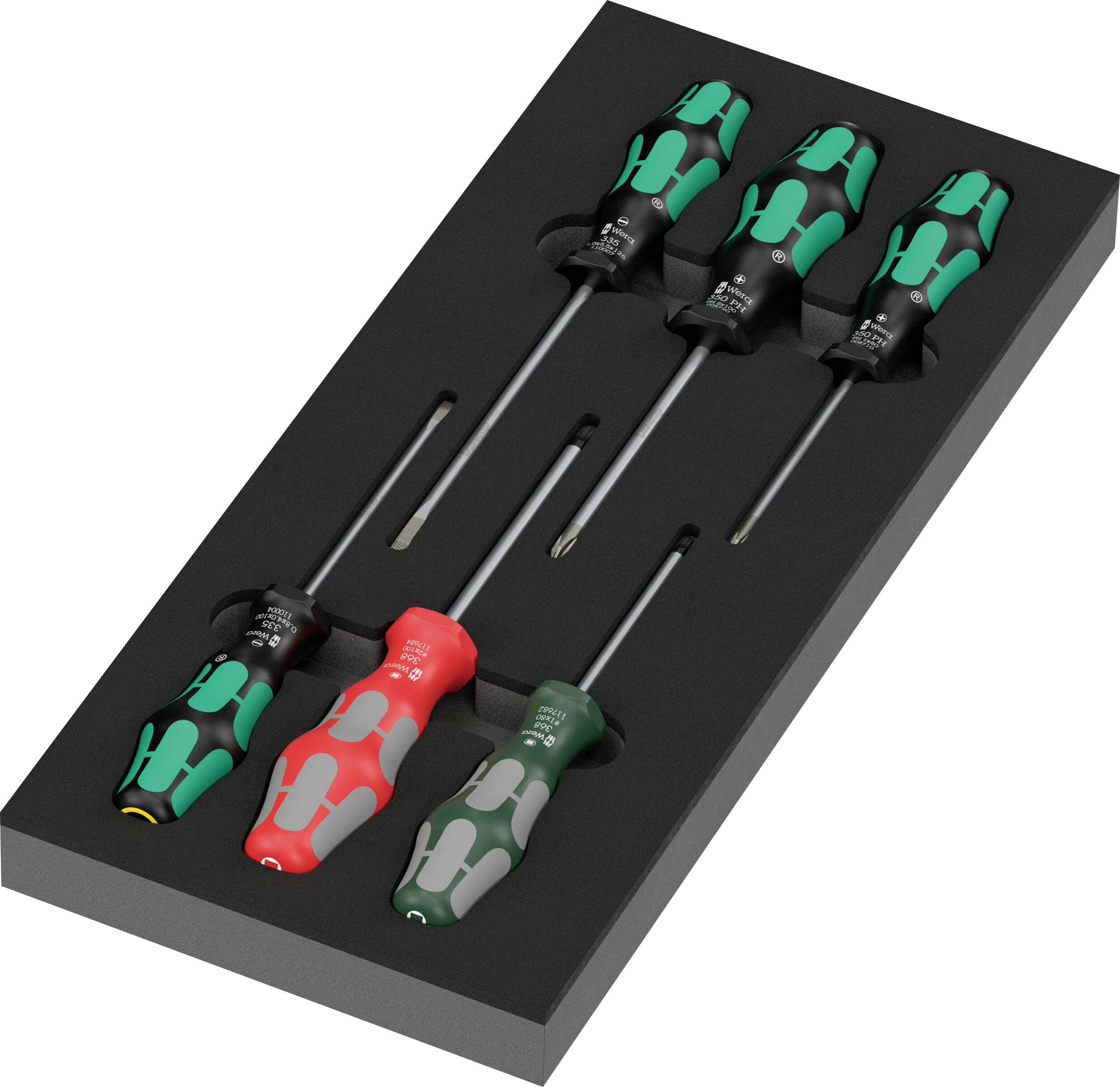 Fem-delad skruvmejselset i en svart skumfack, med fyra gröna-och-svarta skruvmejslar och en röd-och-grå skruvmejsel, arrangerad för lagring eller visning.