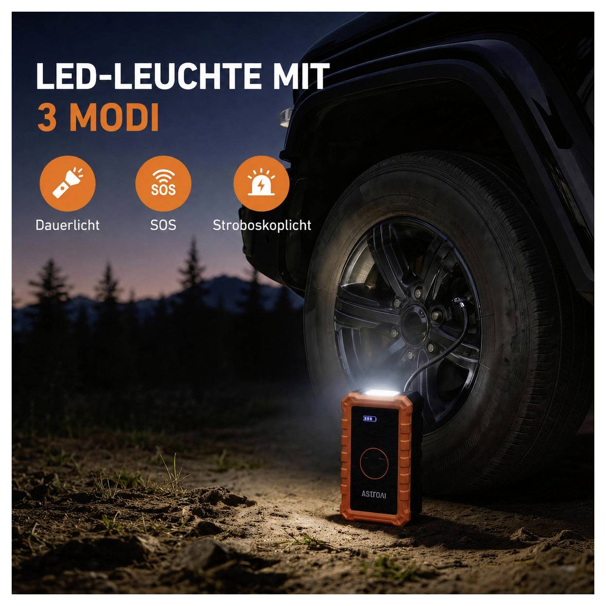 Reklambilder av en bärbar LED-lampa bredvid ett bildäck vid skymningen, märkt 'LED-LAMPA MED 3 LÄGEN' med ikoner för stadigt ljus, SOS och stroboskop.