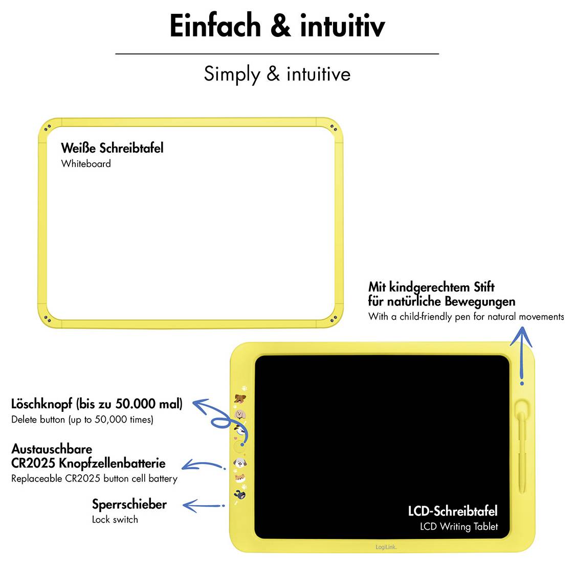 Produktjämförelsegrafiksom visar en whiteboard och en svart LCD-skrivplatta med gul ram, som framhäver radeknappen, utbytbar batteri, låsbrytare och barnvänlig stylus.