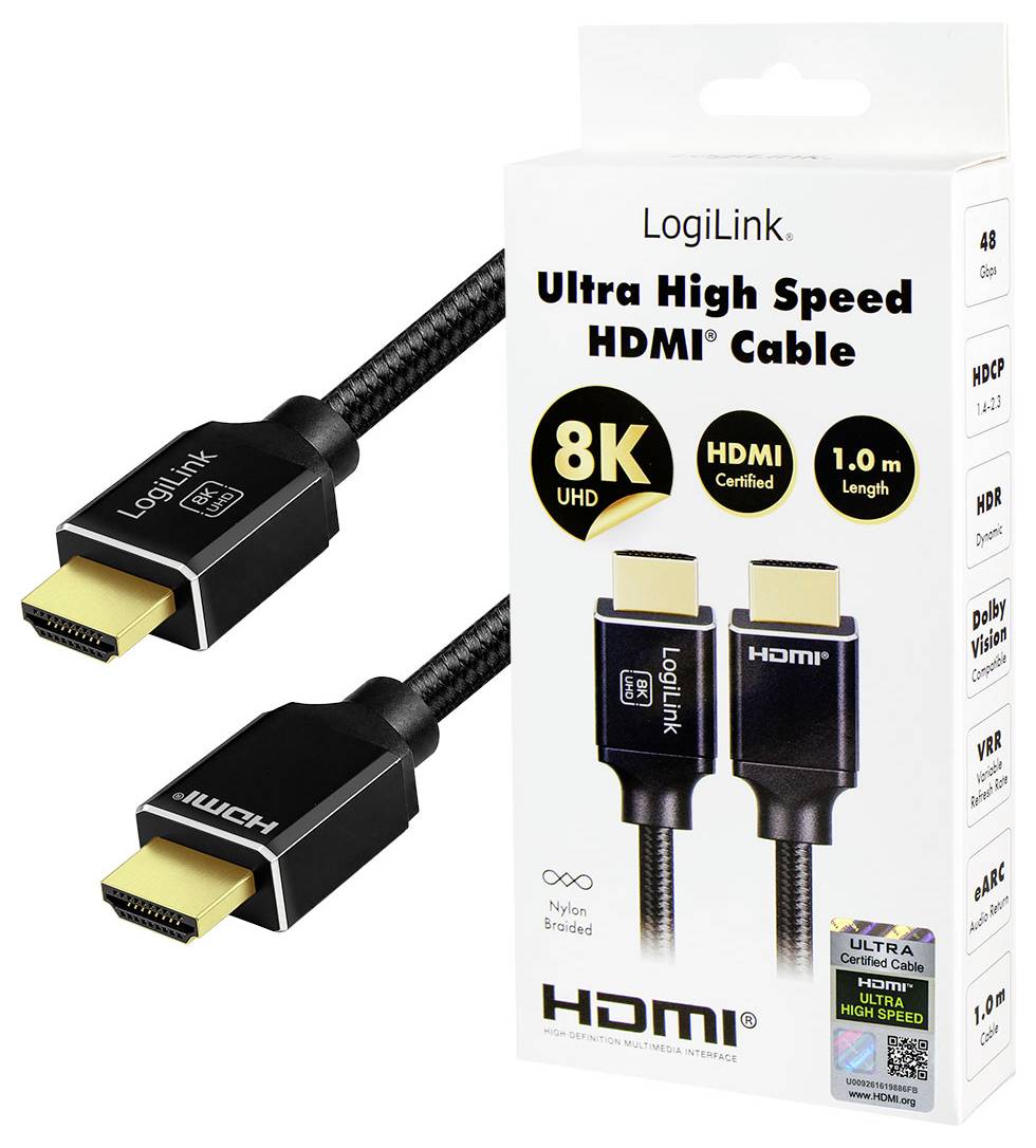 LogiLink Ultra High Speed HDMI-kabel förpackning och två kabelanslutningar, märkta 8K UHD, HDMI-certifierad, längd 1,0 m.