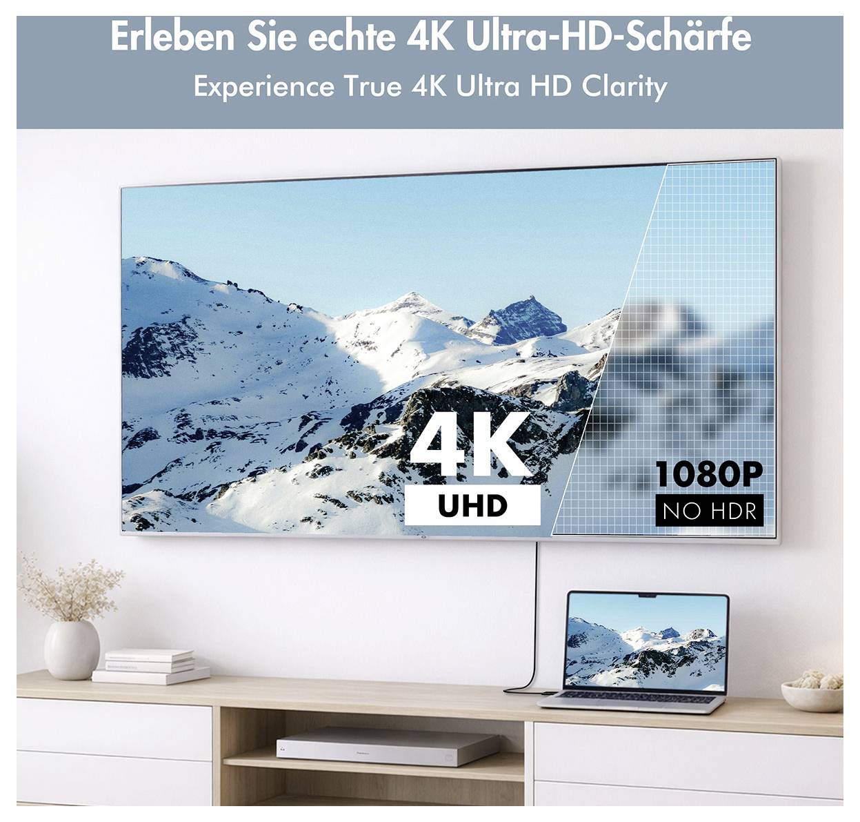 Marknadsföringsbild av en TV som jämför "4K UHD" och "1080P INGEN HDR"; en snöig bergscen visas skarpare på 4K-sidan, med samma bild på en bärbar dator nedan.