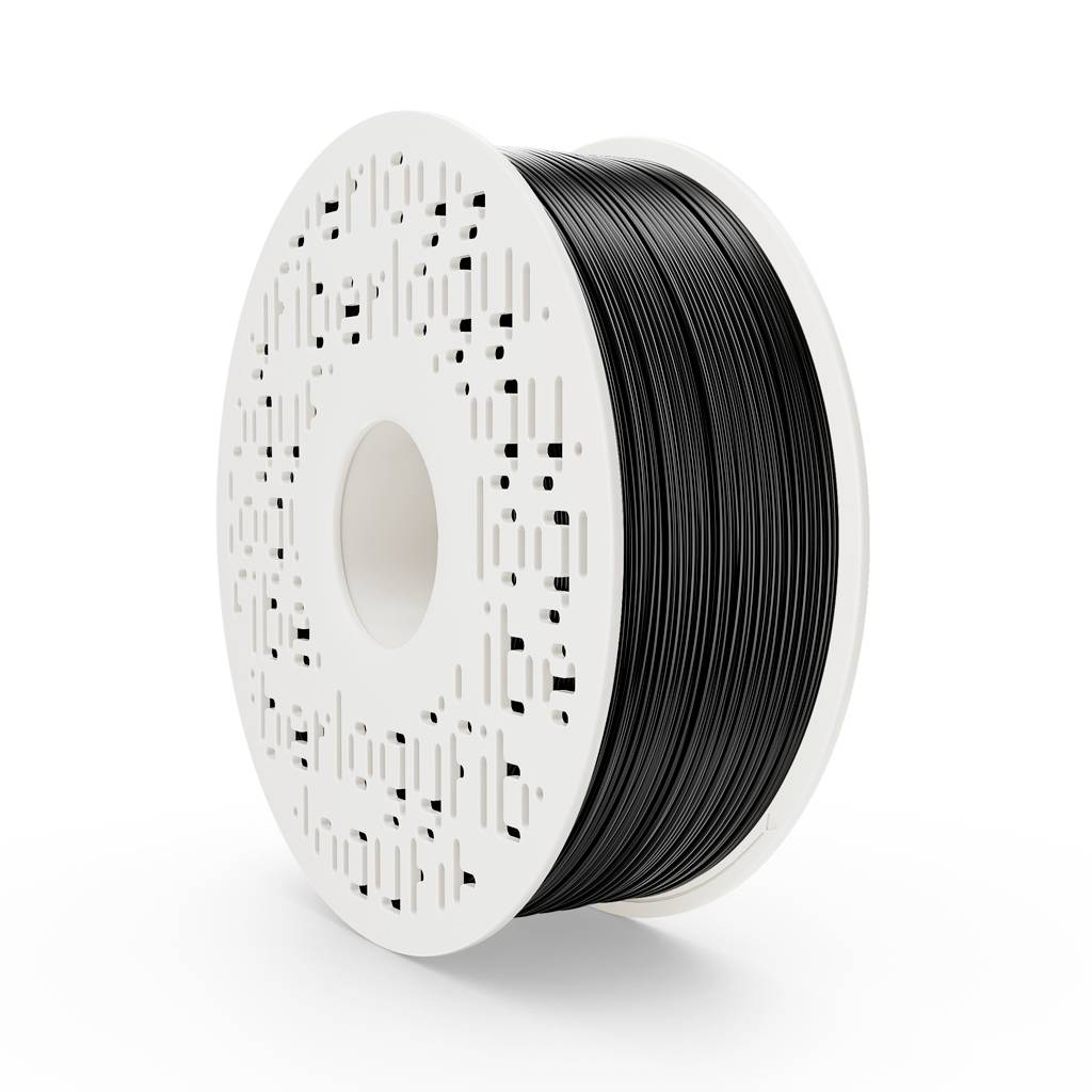 Svart 3D-skrivare filament på spole med vit perforerad rulle på en vit enfärgad bakgrund.