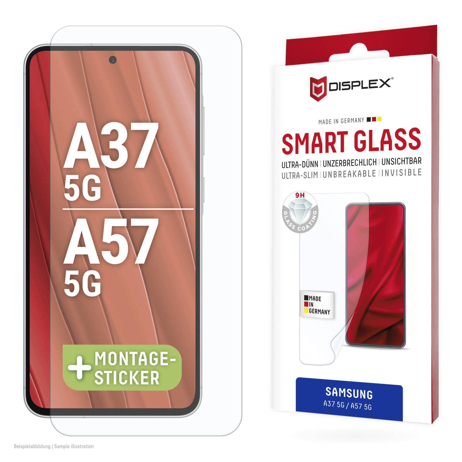 Produktbild av en Samsung A37 5G/A57 5G Displex smart glass skärmskydd, som visar telefonens display och förpackning med "SMART GLASS" och "SAMSUNG A37 5G / A57 5G".