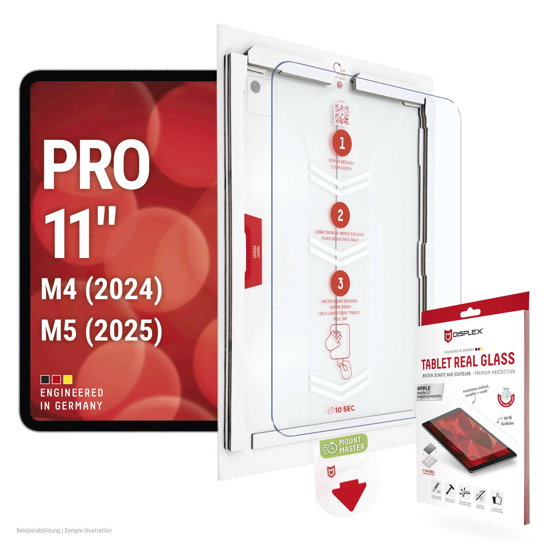 Förpackning för en skärmskydd till surfplatta för Pro 11-tums surfplattor, märkta "M4 (2024)" och "M5 (2025)", med riktig glas och monteringsinstruktioner.