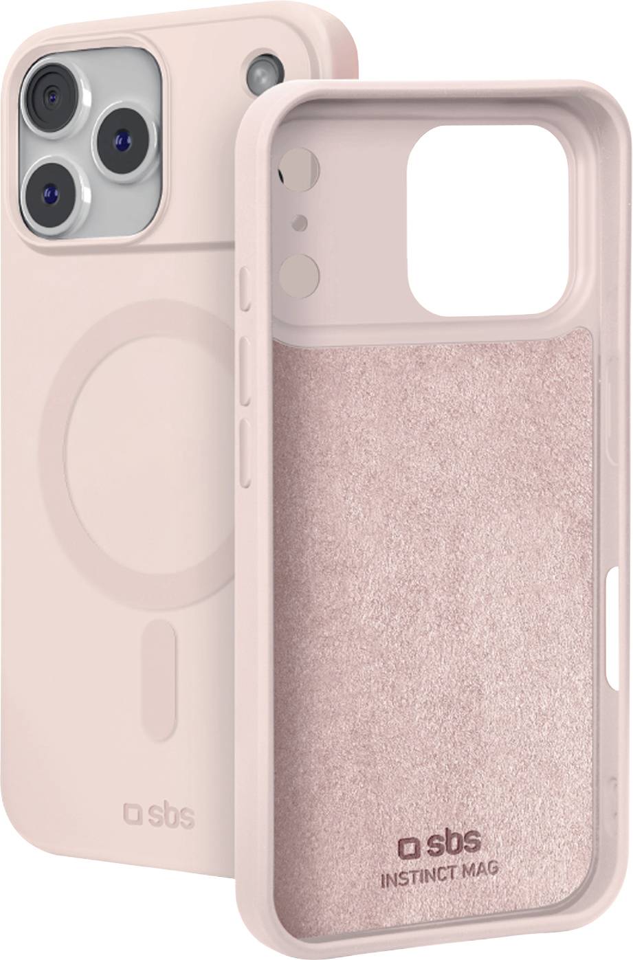 Två rosa iPhoneöverdrags, ett som visar en MagSafe-ring och ett med glitterig baksida och "sbs INSTINCT MAG"-märkning.