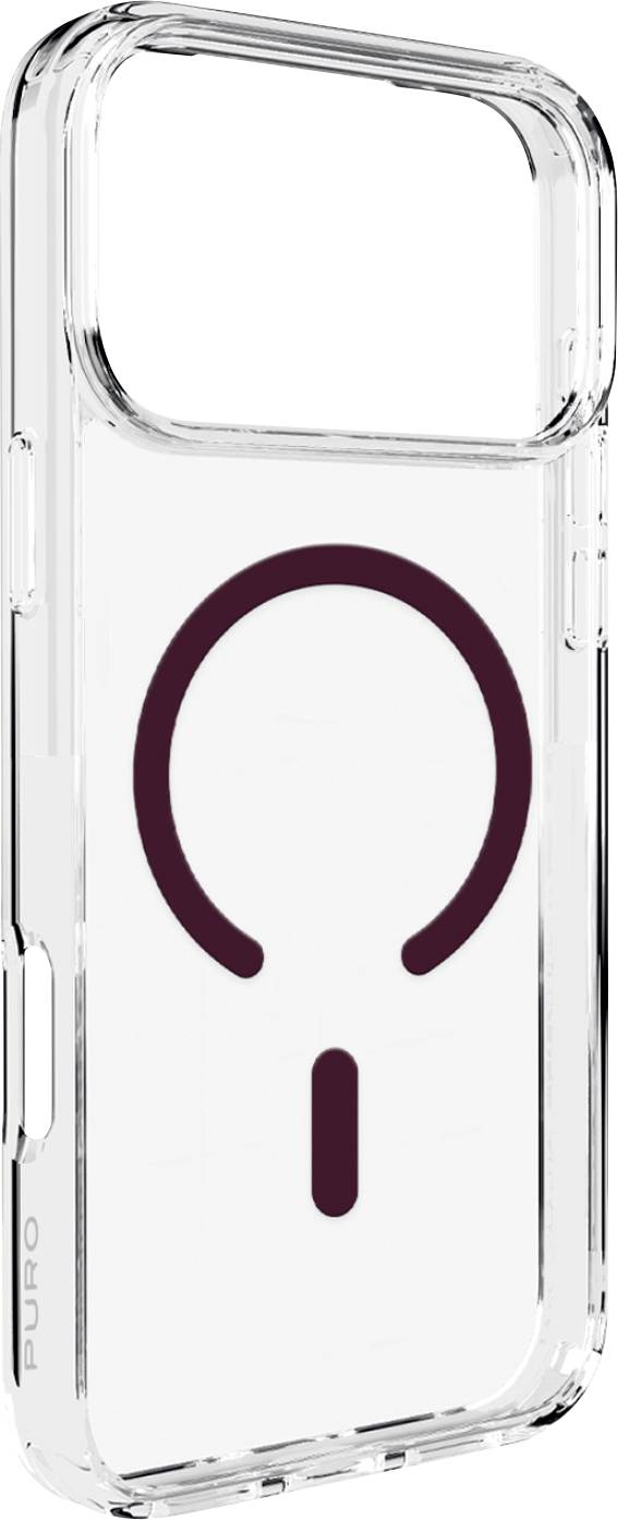 Transparent smartphonefodral med en stor vinröd strömbrytarsymbol på baksidan, visad på vit bakgrund.