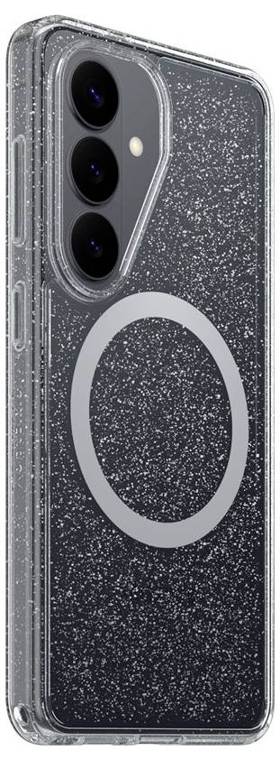 Transparent mobiltelefonöverdraget med en spräcklig mörk finish och en MagSafe-liknande cirkulär ring på baksidan, visad på en smartphone.