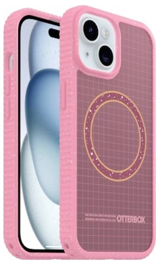 Rosa OtterBox-telefonfodral visas på en iPhone, med en MagSafe-liknande cirkulär ring på baksidan och en robust stötsäker kantdesign.