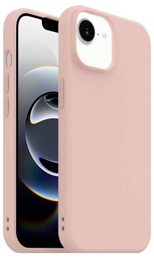 Rosa smartphoneväska visad på en iPhone, med utskärningar för kamera och knappar, fram- och baksida sida vid sida.