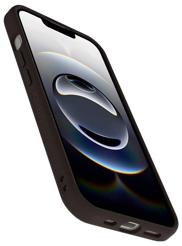 Vinklad smartphone i ett mörkt skyddsfodral, som visar en glansig abstrakt bakgrund på skärmen.